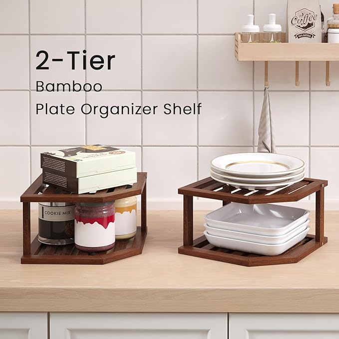 VERTORGAN Bamboo Corner Shelf(2 Pack),2 Tier Plate Organizer for Cabinet and Countertop,Pantry Dish and Spice Rack for Kitchen（Brown）