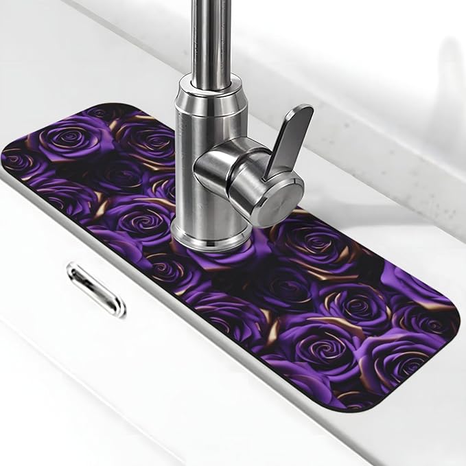 Purple Roses Kitchen Sink Splash Guard Faucet Mat Absorbent Faucet Draining Pad with Hole for Kitchen Bathroom 15" X 5.5"