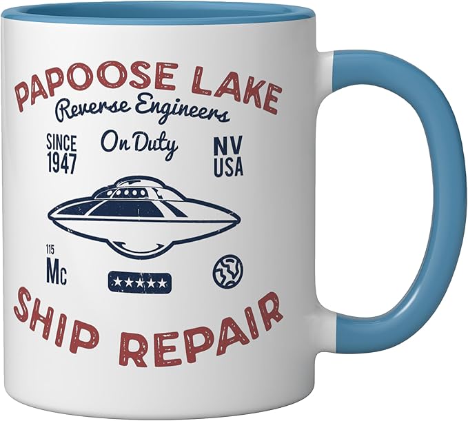Flying Saucer Papoose Lake Ship Repair Funny UFO Ceramic Mug, Blue/White