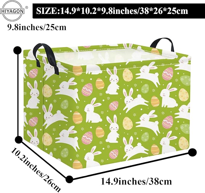 HIYAGON Rectangular Easter Basket Easter Gift Basket Kids Storage Basket Kids Basket Baby Nursery Basket for Boys Bunny Room Decor Cute Toy Storage Organizer Bins Bedroom(Green Easter Bunny)