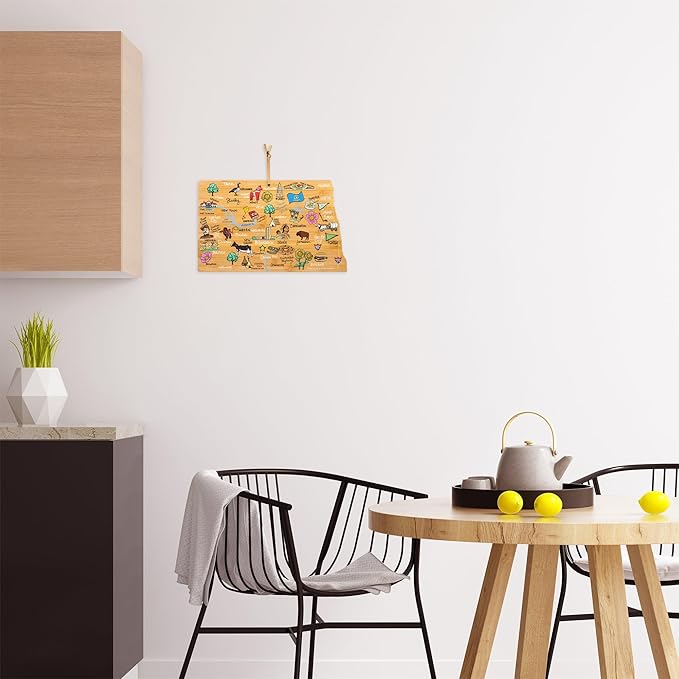 Totally Bamboo North Dakota State Shaped Cutting Board and Charcuterie Serving Platter with Artwork by Fish Kiss, Includes Hang Tie for Wall Display