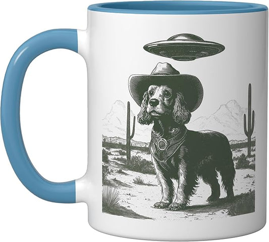 Funny Cowboy Dog UFO Alien Desert Cactus Western Canine Ceramic Mug, Blue/White