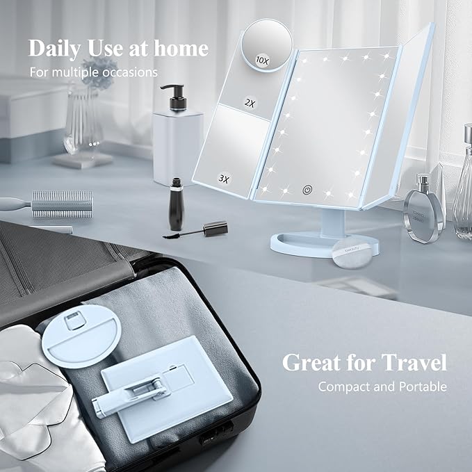 HUONUL Makeup Mirror, Vanity Mirror with Lights, 2X/3X/10X Magnification, Touch Control, Trifold Mirror, Dual Power Supply, Mothers Day for Mom Gifts,Gifts for Women, Wife, Mom, Teengirls