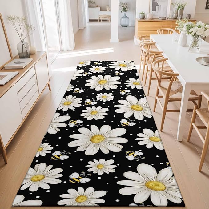 Runner Rug for Bedroom Hallway, Watercolor White Floral Daisy Bee Kitchen Runner Rugs Area Rug 2x6ft, Blossom Flower on Black Washable Soft Floor Carpet for Entryway Stair