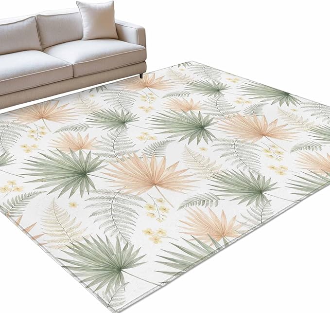 Area Rug 9x12ft, Boho Tropical Palm Washable Rugs for Living Room Bedroom Rectangle Floor Carpet, Watercolor Seamless Background Soft Non-Slip Area Rugs for Dining Room