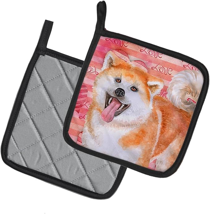 Caroline's Treasures BB9790PTHD Akita Love Pair of Pot Holders, Red Kitchen Heat Resistant Pot Holders Sets Oven Hot Pads for Cooking Baking BBQ, 7 1/2 x 7 1/2