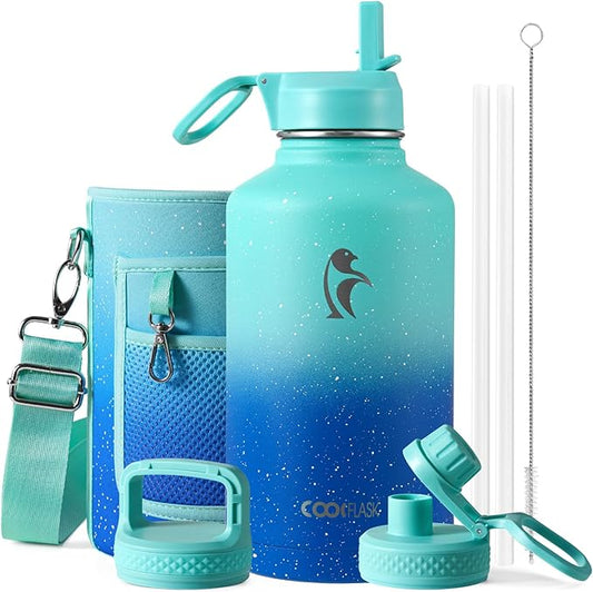 64 oz Water Bottle Insulated with Straw&3 Lids, Coolflask Half Gallon Water Jug Galaxy Large Metal Stainless Steel Vacuum Flask for Gym, Sports, Keep Cold 48H Hot 24H, Glacier Blue