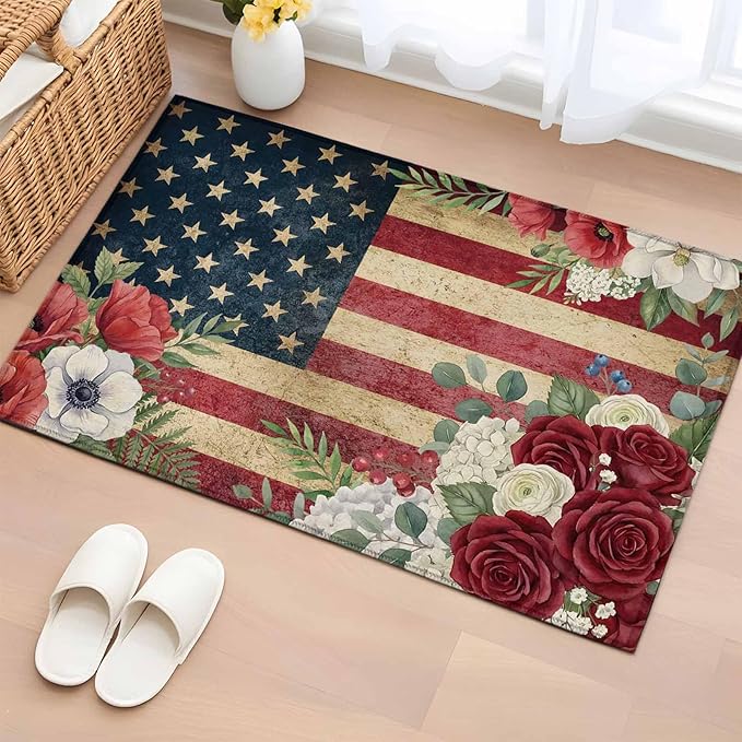 Area Rug 2x3ft, Independence Day 250th Anniversary Washable Rugs for Living Room Bedroom, Vintage USA Flag Floral Soft Non-Slip Area Rugs Rectangle Floor Carpet for Dining Room