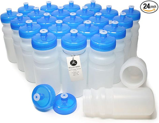 Rolling Sands Reusable Bulk Water Bottles 24 Pack - 20 Oz Sports Water Bottles, USA Made, BPA-Free, Wide Mouth for Easy Cleaning, Dishwasher Safe, Break Resistant - Clear Frost Bottle/Blue Lid