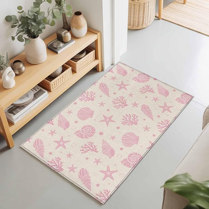 Area Rug 2x3ft, Ocean Pink Shell Coral Conch Washable Rugs for Living Room Bedroom, Marine Starfish on Farm Burlap Soft Non-Slip Area Rugs Rectangle Floor Carpet for Dining Room