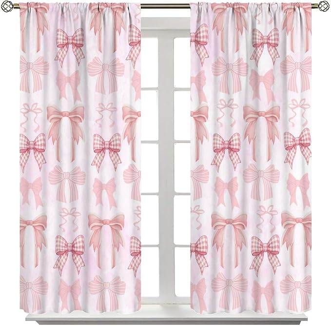 Bowknot Blackout Curtain,Kids Girls Cute Pink Bow Ties Print Window Treatment Curtains Dining Room Living Room Kitchen Cafe Bedroom Office Nursery Drapes Decor,42x45 in