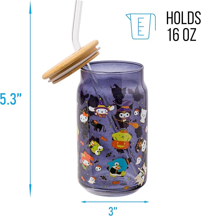 Silver Buffalo Sanrio Hello Kitty & Friends Halloween Kuromi, My Melody, Cinnamoroll, Chococat, Pompompurin, Keroppi, Tuxedo Sam, Badtz-Maru Glass Jar Tumbler w Bamboo Lid and Glass Straw, 16 Ounces