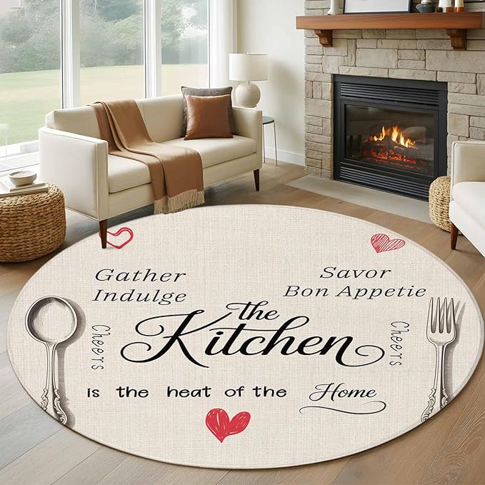Washable Round Area Rug Spoon Fork Vintage Farmhouse Circle Rugs Floor Carpet for Living Room Bedroom, Abstract Love Retro Linen Soft Non Slip Round Rug 5ft