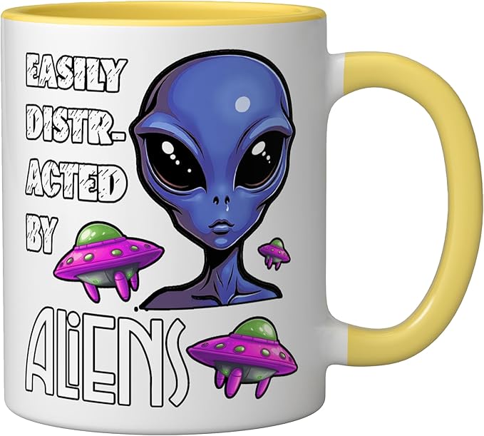 Easily Distracted By Aliens Funny Sci Fi Apparel Design Ceramic Mug, Yellow/White