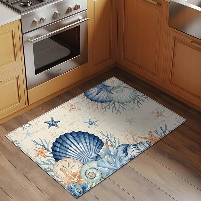 Area Rug 2x3ft, Summer Blue Shells Starfish Washable Rugs for Living Room Bedroom, Vintage Coral Shells Fish Soft Non-Slip Area Rugs Rectangle Floor Carpet for Dining Room