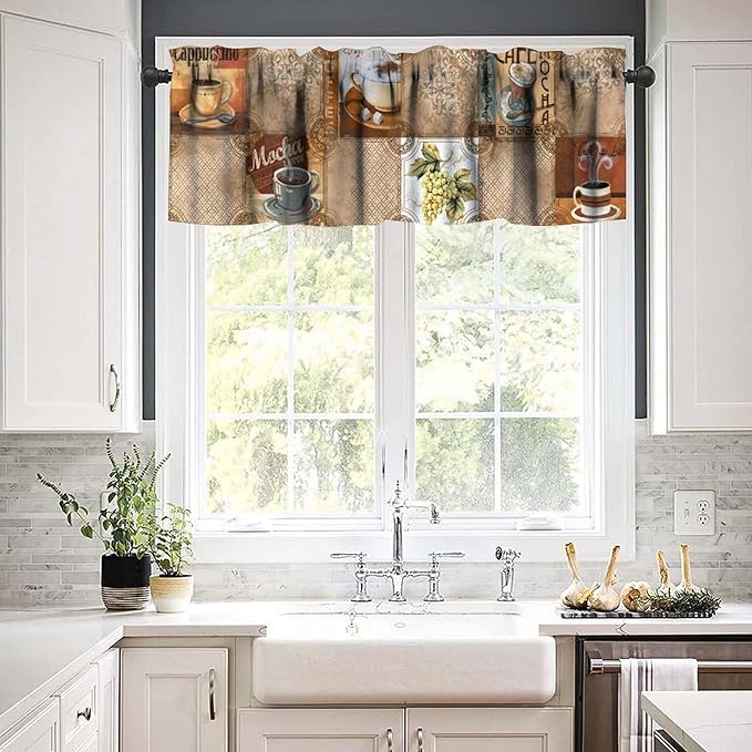 Retro Coffee Valance Curtain, Vintage Cappuccino Mocha Drinks Collage Short Window Drape for Cafe Kitchen Bedroom Dining Living Room Home Decoration, 54x18Inch