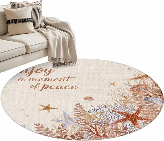 Washable Round Area Rug Orange Marine Starfish Coral Seaweed Circle Rugs Floor Carpet for Living Room Bedroom, Peace Quote on Linen Soft Non Slip Round Rug 3ft