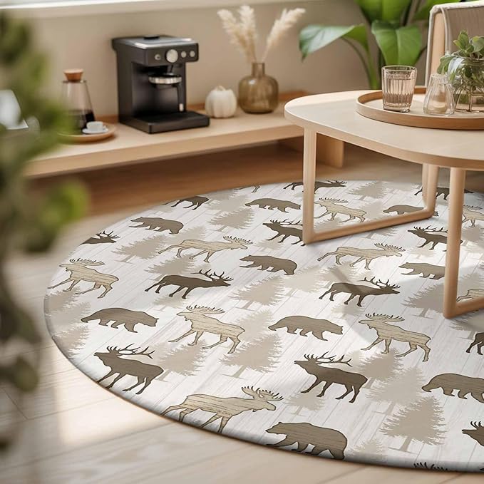 Washable Round Area Rug Animal Moose Bears Circle Rugs Floor Carpet for Living Room Bedroom, Retro Rustic Pine Trees Soft Non Slip Round Rug 3ft