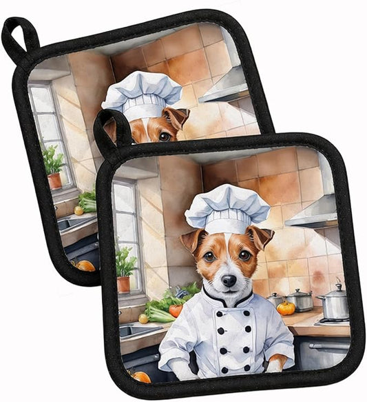 Caroline's Treasures Jack Russell Terrier The Chef Pair of Pot Holders Kitchen Heat Resistant Pot Holders Sets Oven Hot Pads for Cooking Baking BBQ, 7 1/2 x 7 1/2