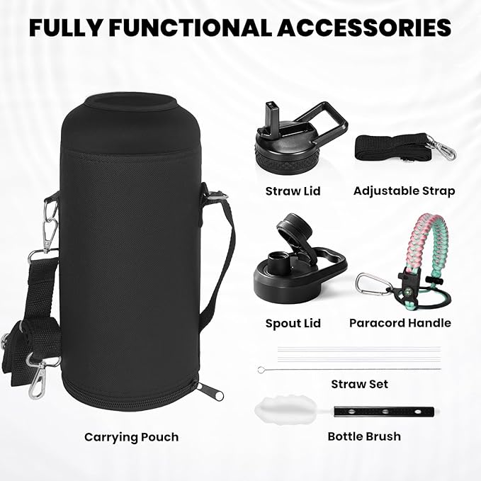 RAYMYLO Insulated Water Bottle 87 oz, Triple Wall Vacuum Stainless Steel (Cold for 48 Hrs), Leak Proof & Non-BPA, Modern Water Flask Jug with Paracord Handle & Straw Spout Lids, Hydrangea
