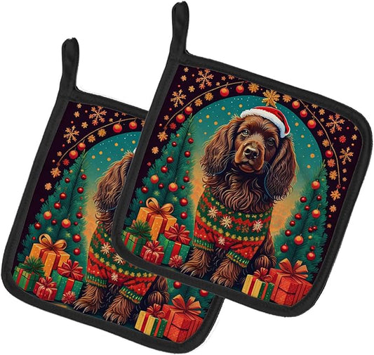 Caroline's Treasures Boykin Spaniel Christmas Pair of Pot Holders Kitchen Heat Resistant Pot Holders Sets Oven Hot Pads for Cooking Baking BBQ, 7 1/2 x 7 1/2