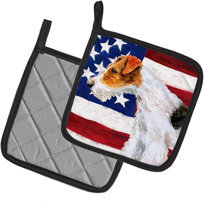 Caroline's Treasures BB9650PTHD Fox Terrier Patriotic Pair of Pot Holders Kitchen Heat Resistant Pot Holders Sets Oven Hot Pads for Cooking Baking BBQ, 7 1/2 x 7 1/2