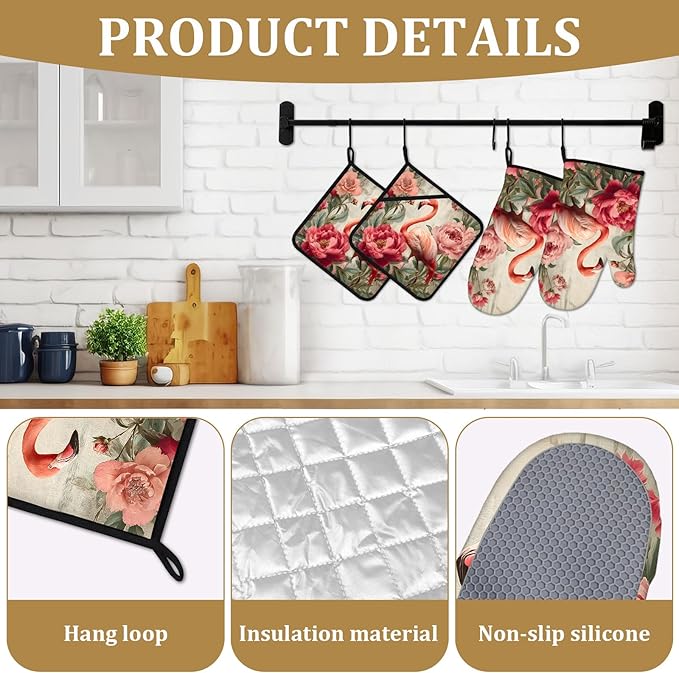 Pink Flamingo Floral Oven Mitts and Pot Holders Sets 4Pcs Vintage Animal Silicone Kitchen Gloves Heat Resistant Potholders for Baking Cooking Grilling BBQ
