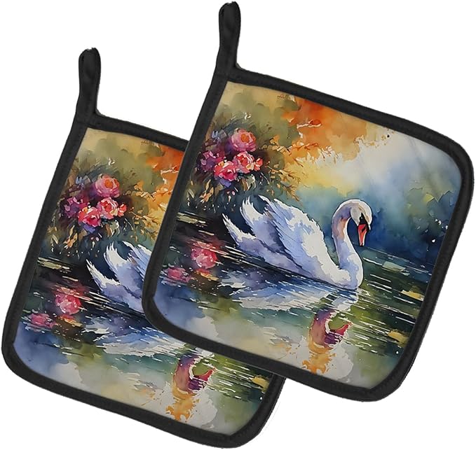 Caroline's Treasures Swan Pair of Pot Holders Kitchen Heat Resistant Pot Holders Sets Oven Hot Pads for Cooking Baking BBQ, 7 1/2 x 7 1/2