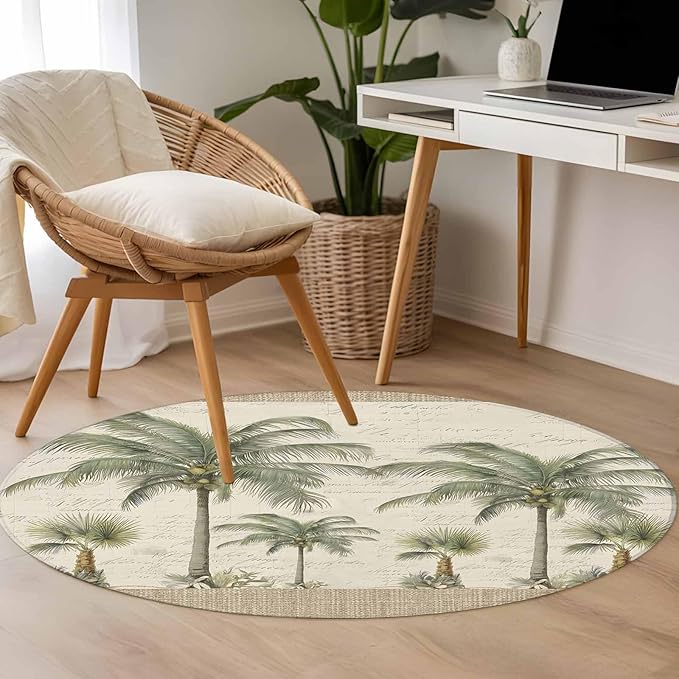Washable Round Area Rug Coastal Tropical Olive Green Palm Trees Circle Rugs Floor Carpet for Living Room Bedroom, Classic Retro Linen Soft Non Slip Round Rug 3ft