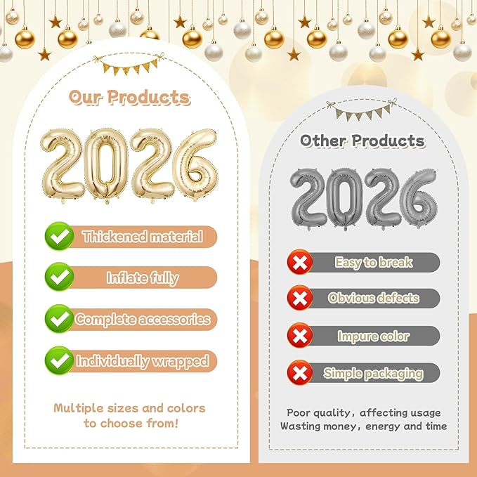 Champagne Gold 2026 Balloons, Jumbo 40 Inch Foil 2026 Number Balloons, Grad Balloons for Class of 2026 Graduation Party, Champagne Gold Matellic Foil New Year Birthday Home Office Party Supplies
