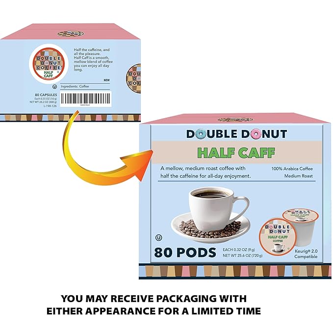 Double Donut Coffee Half Caff Coffee Pods, Single Serve Half Caffeine Coffee Pods For Keurig K Cup Brewers, Medium Roast, 80 Count