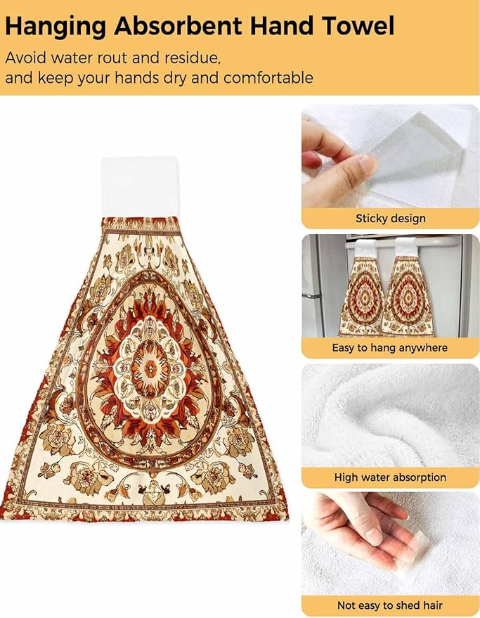 Alandar Home Kitchen Tie Towel Set of 2, Abstract Flower Bohemian Pattern Absorbent Soft Hand Towels for Bathroom Hanging Towels, Blossom Floral Retro Geometric Fast Drying Cleaning Cloth with Loop