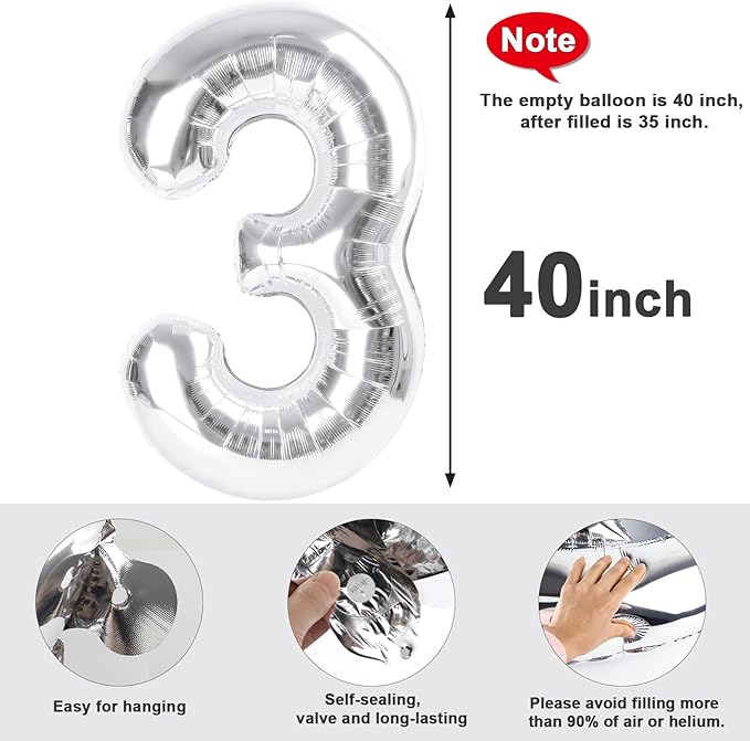 Numbers Balloon 3, 40 Inch Large Silver Balloon for Three Year Old Birthday Decor, 3 13 30 31 Birthday Party Decorations for Wedding Supplies