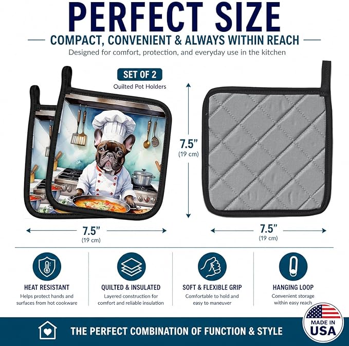 Caroline's Treasures French Bulldog The Chef Pair of Pot Holders Kitchen Heat Resistant Pot Holders Sets Oven Hot Pads for Cooking Baking BBQ, 7 1/2 x 7 1/2