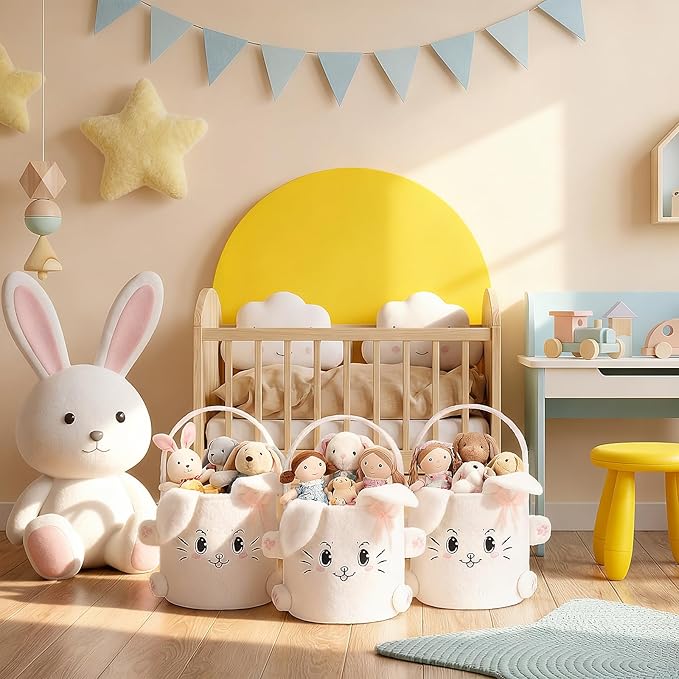 Mimorou 3 Pack Easter Basket Soft Plush Bunny Sherpa Personalized Bucket with Rabbit Ears Decorative Bow Large Bunny Tote Bags Ideal for Egg Hunt, Party Favors(White)