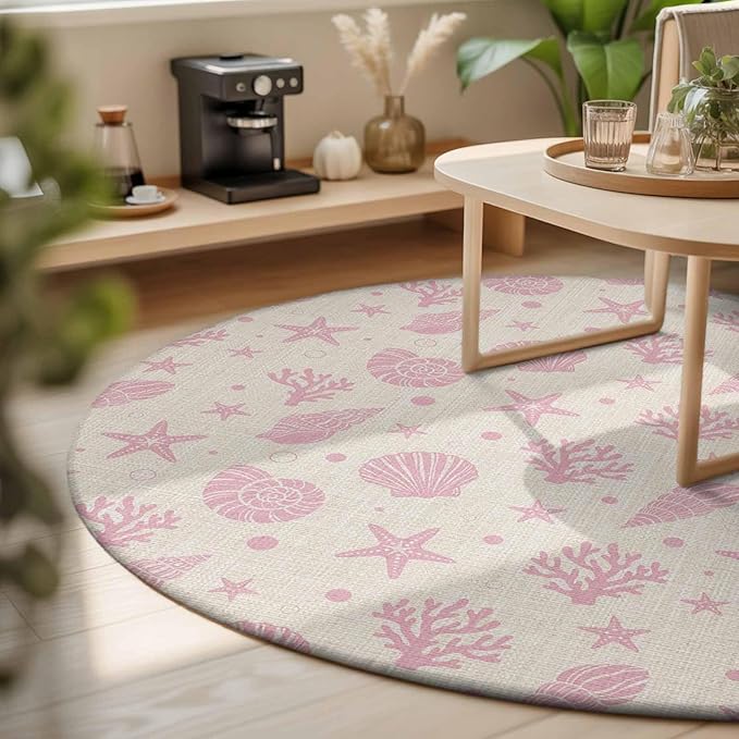 Washable Round Area Rug Ocean Pink Shell Coral Conch Circle Rugs Floor Carpet for Living Room Bedroom, Marine Starfish on Farm Burlap Soft Non Slip Round Rug 3ft