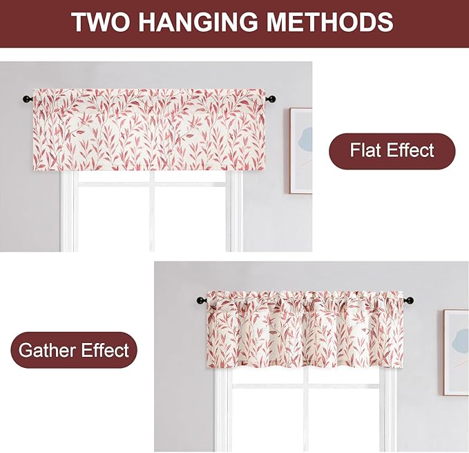 Leeva Valances for Kitchen Windows - Farmhouse Leaves Print Rod Pocket Window Treatment for Door Head & Living Room, 52 x 12, Red, One Panel