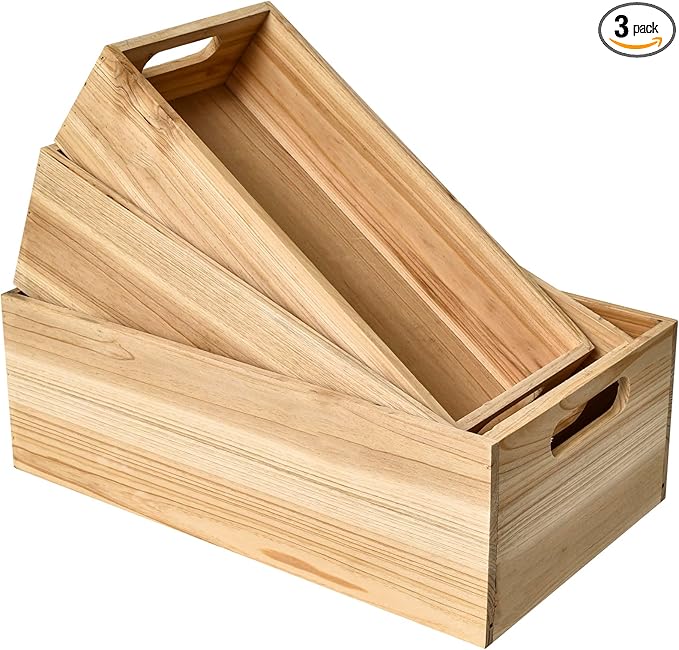 Set of 3 Wooden Boxes for Storage Small Crates for Display and Organizing, Farmhouse Style Storage Boxes for Crafts, Decor, Home Pantry and Living Room