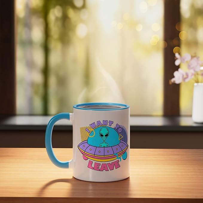 I Want To Leave Funny Alien UFO Retro Graphic Ceramic Mug, Blue/White