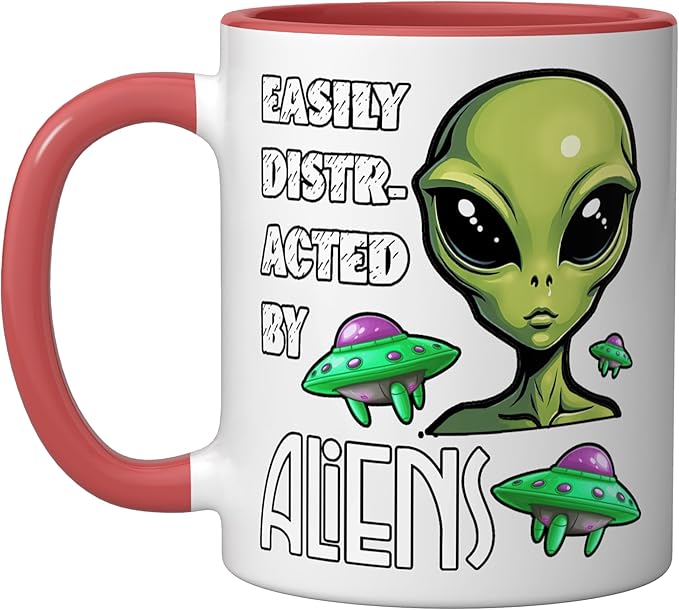 Easily Distracted By Aliens Funny Sci Fi Apparel Design Ceramic Mug, Red/White