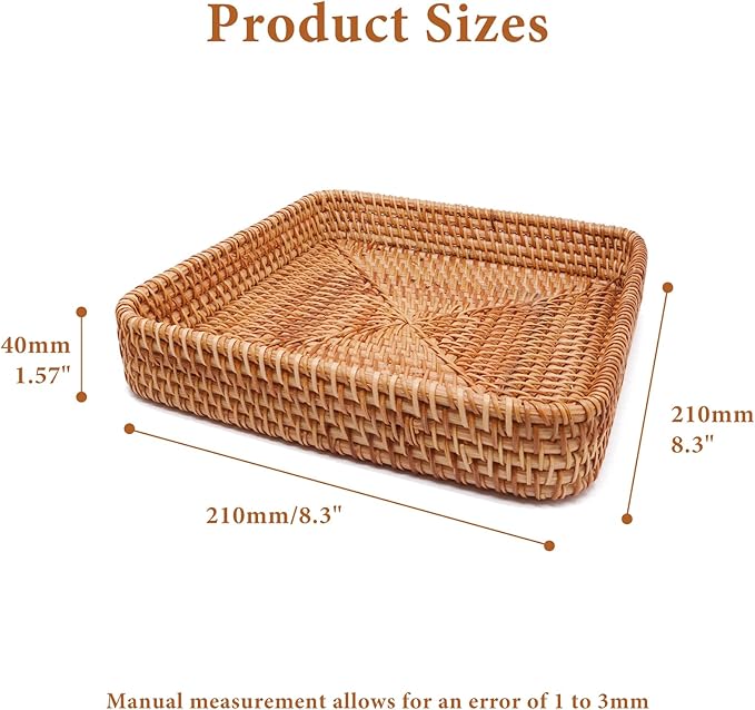 Rattan Storage Baskets, Rectangular Woven Baskets for Storage, Key Basket for Entryway, Decorative Storage Baskets for Organizing for Living Room, Bedroom, Kitchen(8.3" × 8.3" × 1.6")