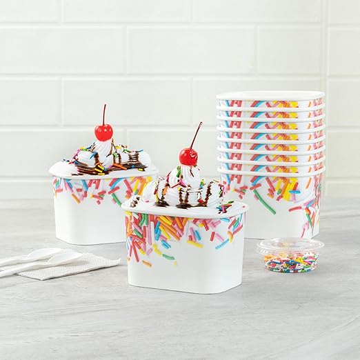 Coppetta 12 Ounce Dessert Cups, 50 Greaseproof Ice Cream Cups - Lids Sold Separately, For Hot And Cold Foods, White Paper Yogurt Bowls, Festive Sprinkle Design, Disposable, Sturdy- Restaurantware
