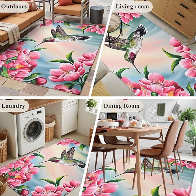 Area Rug 4x6ft, Hummingbird Flower Peach Blossom Washable Rugs for Living Room Bedroom, Nature Oil Painting Art Soft Non-Slip Area Rugs Rectangle Floor Carpet for Dining Room