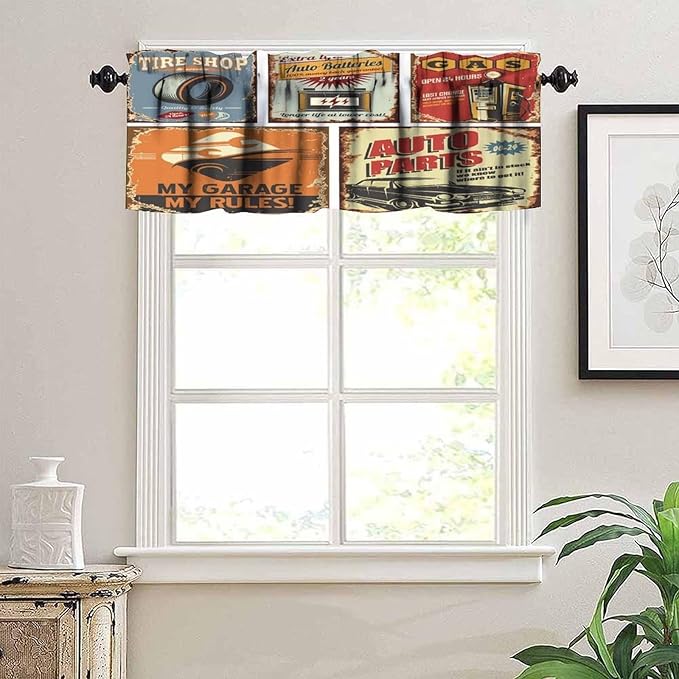 1950s Valance Curtain Vintage Car Metal Signs Automobile Advertising Repair Vehicle Garage Servicing Windows Curtain Valance for Kitchen Bedroom Bathroom Decor with Rod Pocket, 1 Panel 54X18 Inches