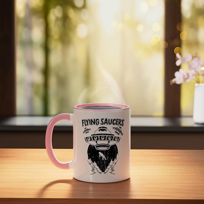 Flying Saucers UFO Abduction Extraterrestrial Believer Ceramic Mug, Pink/White