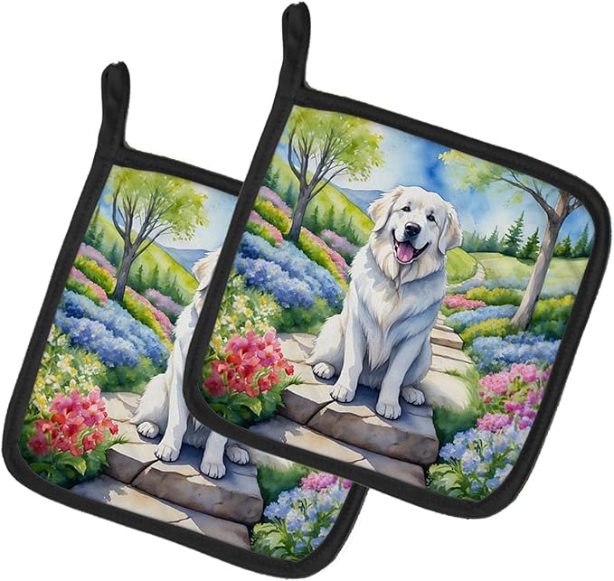 Caroline's Treasures Great Pyrenees Spring Path Pair of Pot Holders Kitchen Heat Resistant Pot Holders Sets Oven Hot Pads for Cooking Baking BBQ, 7 1/2 x 7 1/2