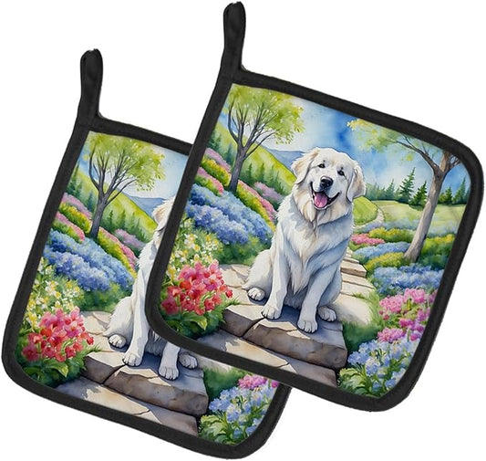 Caroline's Treasures Great Pyrenees Spring Path Pair of Pot Holders Kitchen Heat Resistant Pot Holders Sets Oven Hot Pads for Cooking Baking BBQ, 7 1/2 x 7 1/2