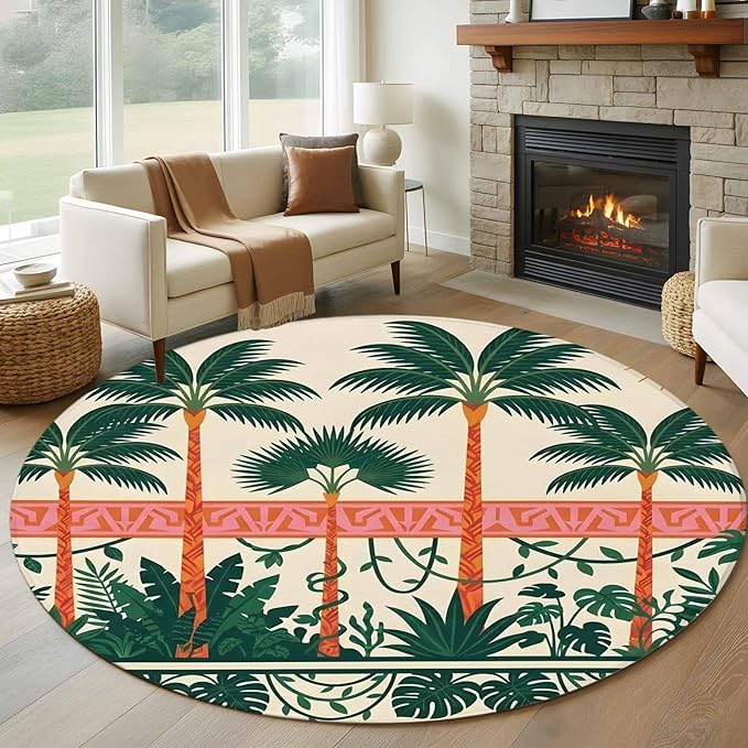 Washable Round Area Rug Vintage Sage Green Tall Palm Trees Circle Rugs Floor Carpet for Living Room Bedroom, Summer Tropical Plants Soft Non Slip Round Rug 5ft