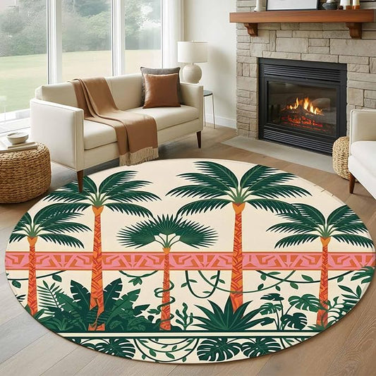 Washable Round Area Rug Vintage Sage Green Tall Palm Trees Circle Rugs Floor Carpet for Living Room Bedroom, Summer Tropical Plants Soft Non Slip Round Rug 5ft