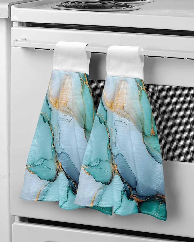 Alandar Home Kitchen Tie Towel Set of 2, Teal Green Turquoise Gold Marble Texture Absorbent Soft Hand Towels for Bathroom Hanging Towels, Abstract Modern Art Fast Drying Cleaning Cloth with Loop